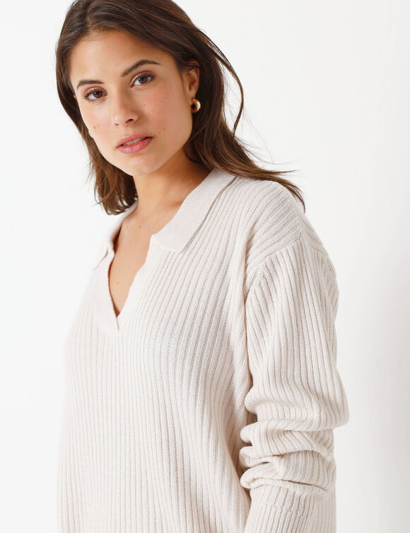 Pull col polo, maille côtelée (écru) Pull col polo, maille côtelée (écru)